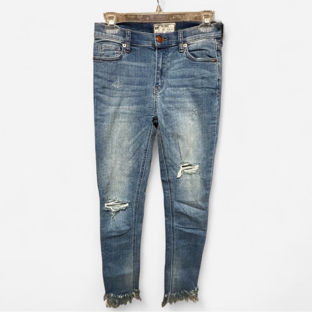 Free People Womens Great Heights Frayed Distressed Medium Wash Skinny Jeans